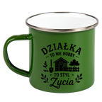 Kubek emaliowany zielony z nadrukiem "Działka to nie hobby, to styl życia" - działka, ogród #4