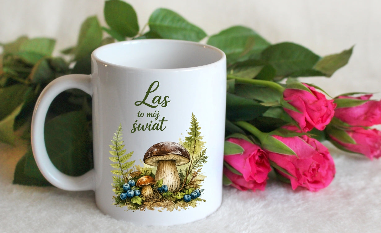 Kubek biały z nadrukiem „Las to mój świat” – grzyby, las #9