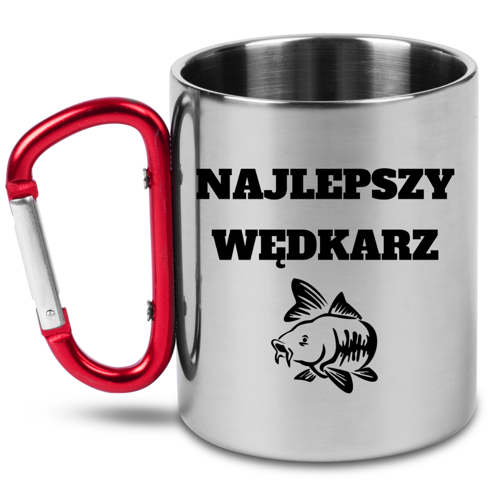 Kubek z czerwonym karabińczykiem i nadrukiem "Najlepszy wędkarz" - wędkarstwo #8
