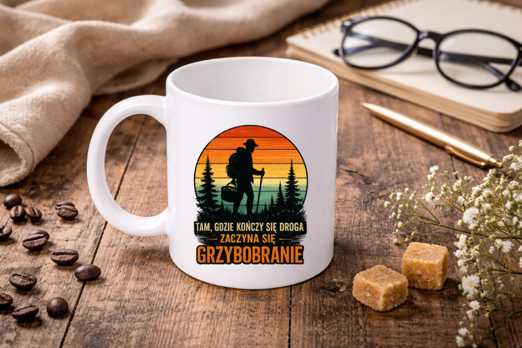 Kubek biały z nadrukiem „Ta, gdzie kończy się zaczyna grzybobranie” – grzyby, las #10