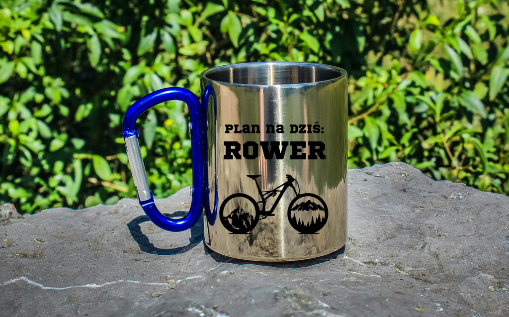 Kubek z niebieskim karabińczykiem, nadruk "Plan na dziś: rower" – dla rowerzysty #9