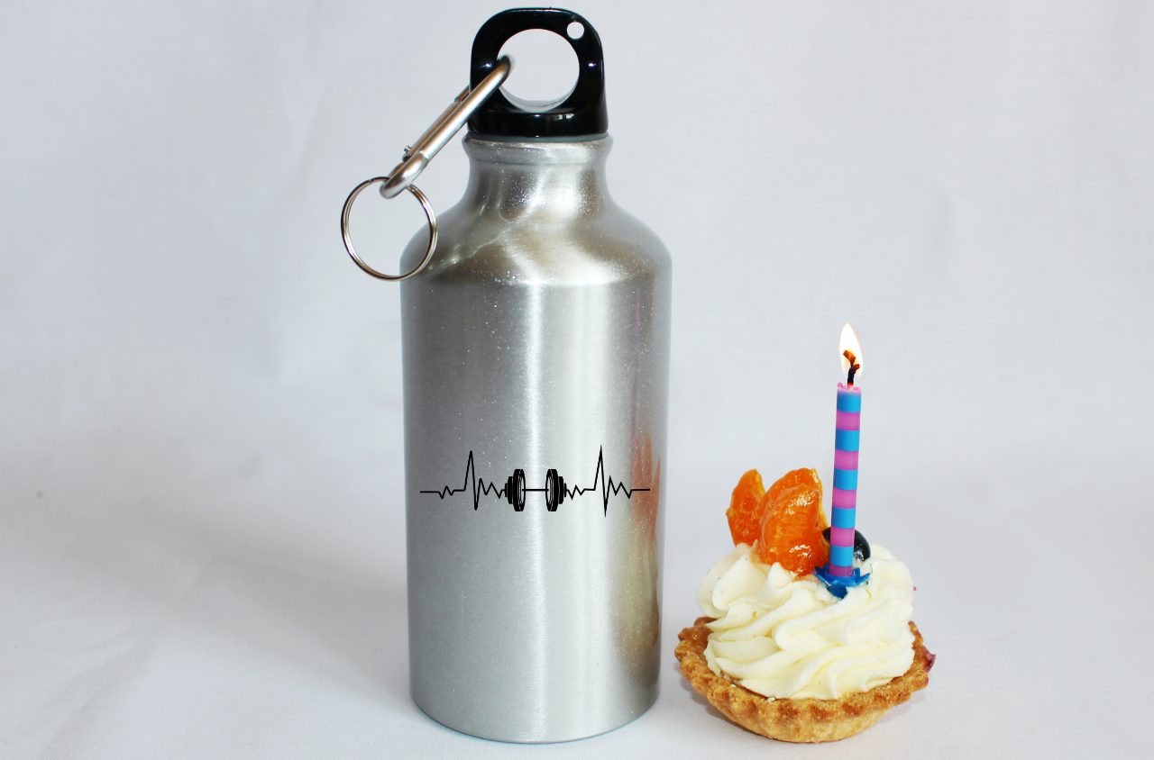 Bidon srebrny 400 ml z grafiką hantli i linią życia – siłownia #5