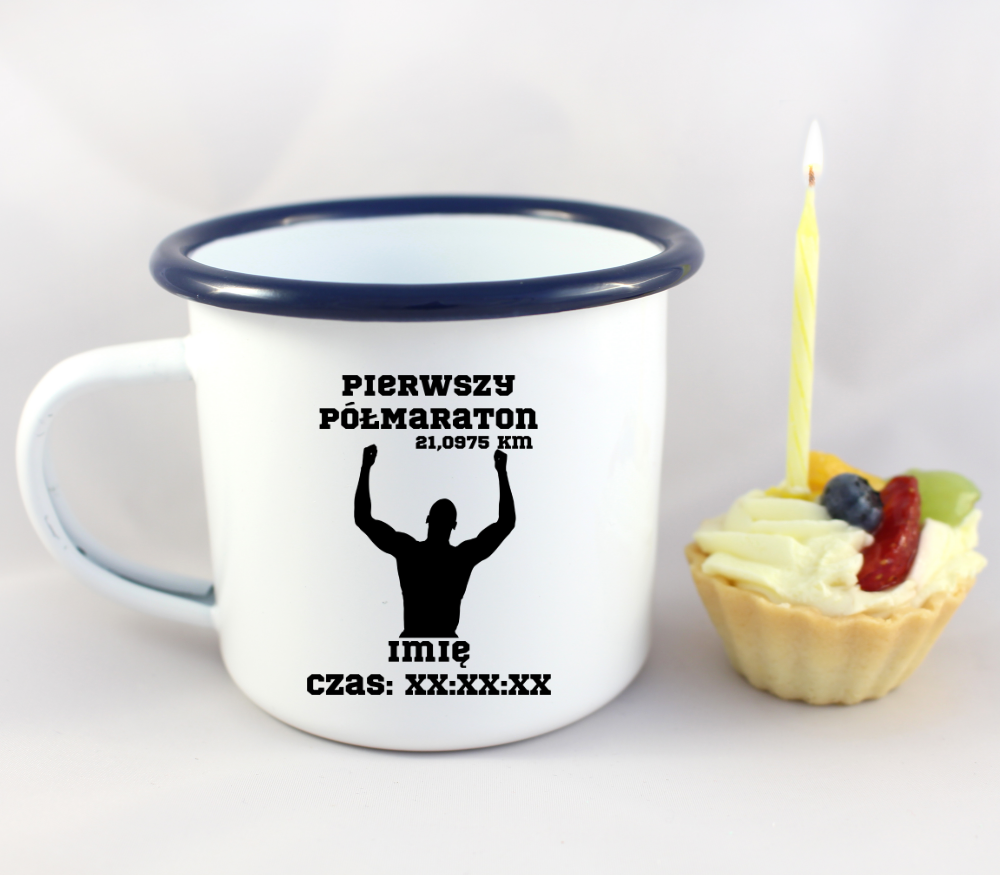 Kubek emaliowany biały pamiątka po półmaratonie + imię i czas – bieganie #9