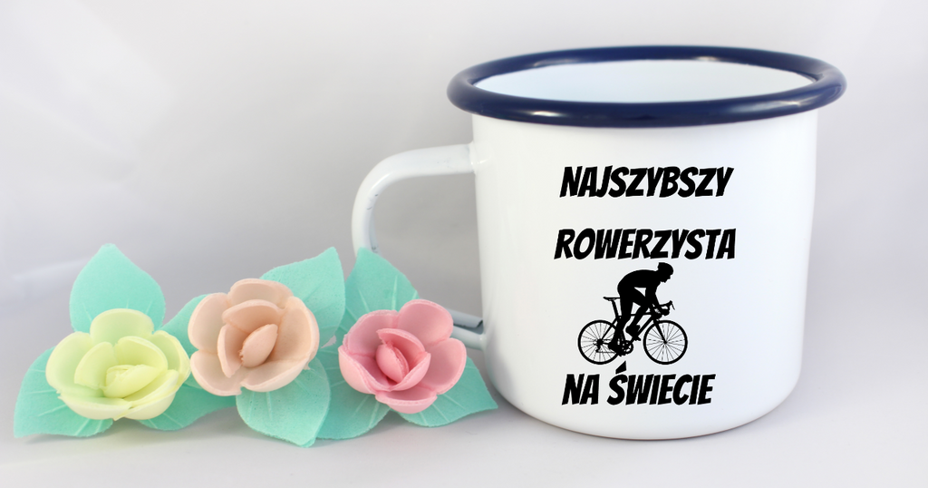 Kubek emaliowany biały z nadrukiem „Najszybszy rowerzysta na świecie” – dla rowerzysty #12