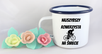 Kubek emaliowany biały z nadrukiem „Najszybszy rowerzysta na świecie” – dla rowerzysty #12
