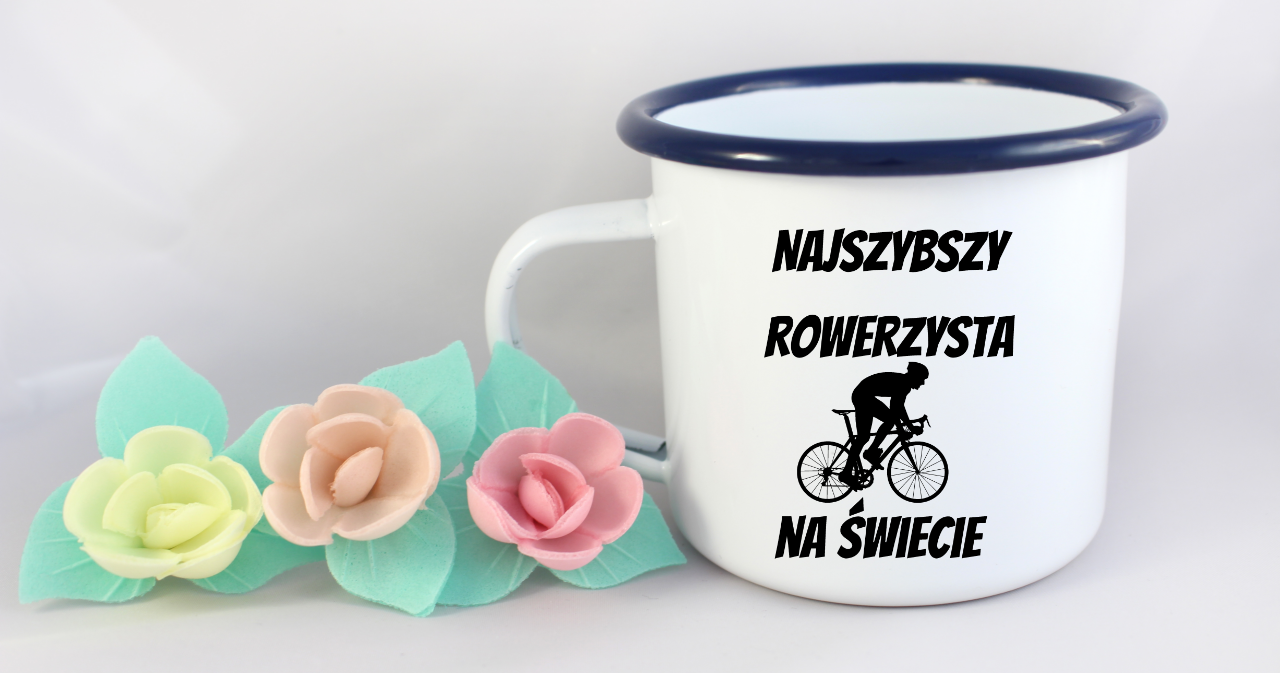 Kubek emaliowany biały z nadrukiem „Najszybszy rowerzysta na świecie” – dla rowerzysty #12