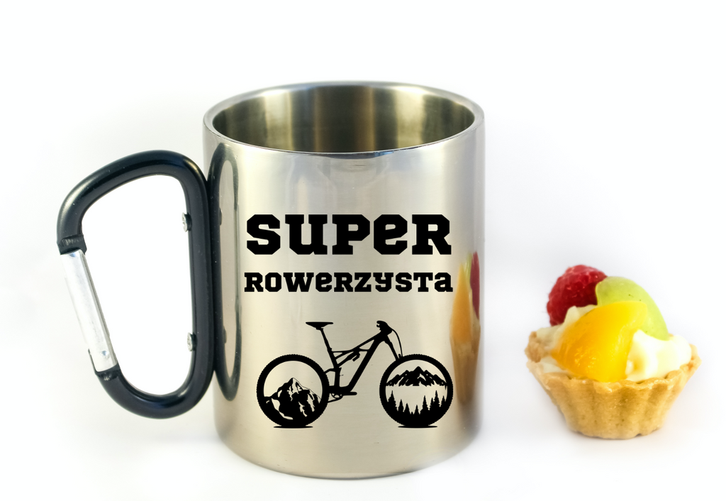 Kubek z czarnym karabińczykiem, nadrukiem „Super Rowerzysta” – dla rowerzysty #7