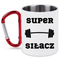 Kubek biały z czerwonym karabińczykiem i nadrukiem „Super Siłacz” – na siłownię #3