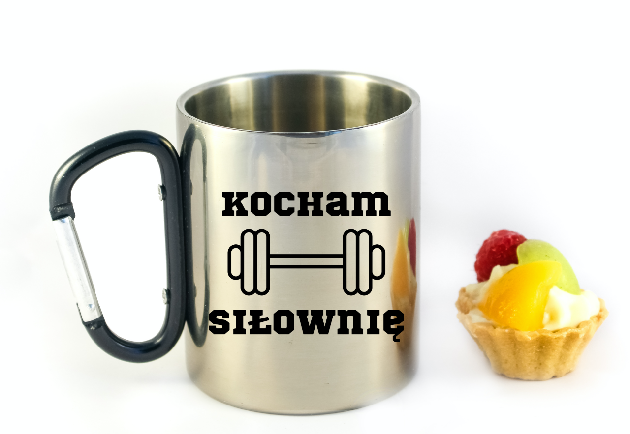 Kubek czarny karabińczyk z nadrukiem "Kocham Siłownię" – siłownia #1