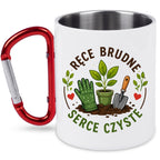 Kubek biały z czerwonym karabińczykiem „Ręce brudne, serce czyste” - działka, ogród  #1