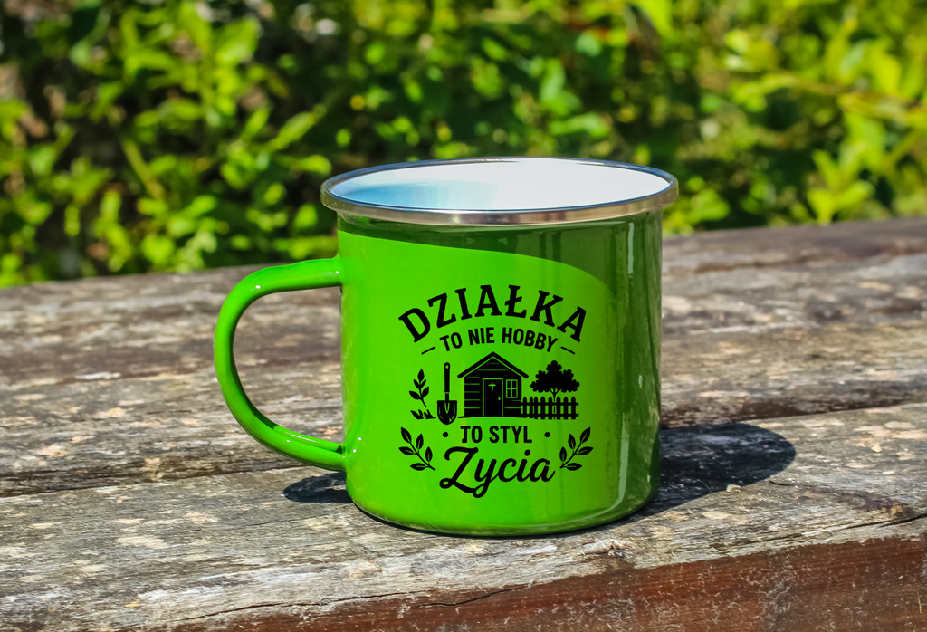 Kubek emaliowany zielony z nadrukiem "Działka to nie hobby, to styl życia" - działka, ogród #4