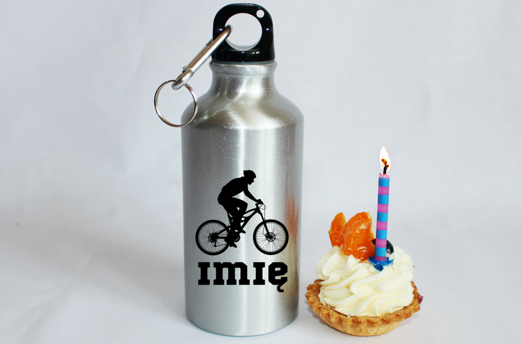 Butelka srebrna 400 ml z grafiką rowerową i imieniem do wyboru – dla rowerzysty #5