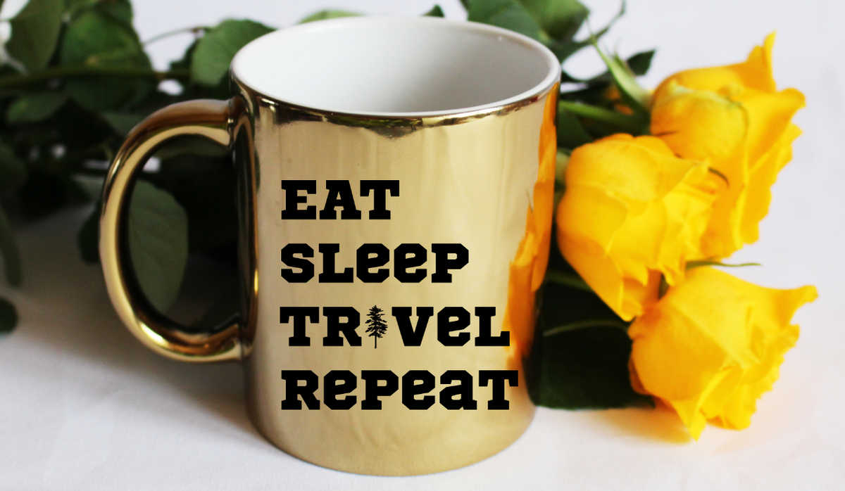 Kubek złoty z nadrukiem „Eat Sleep Travel Repeat” – podróż, przygoda #5