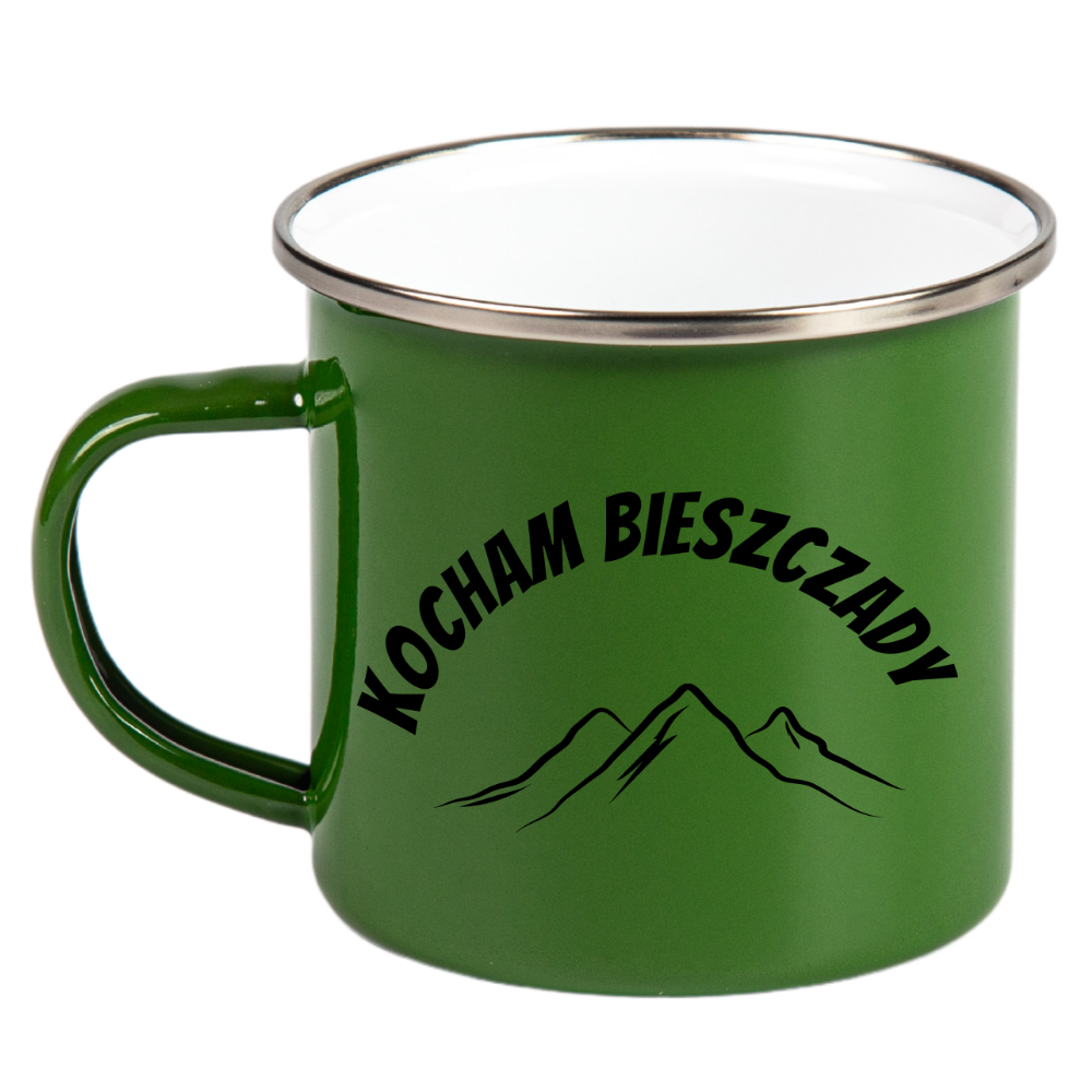 Kubek emaliowany zielony z nadrukiem "Kocham Bieszczady" - góry, Połoniny #2