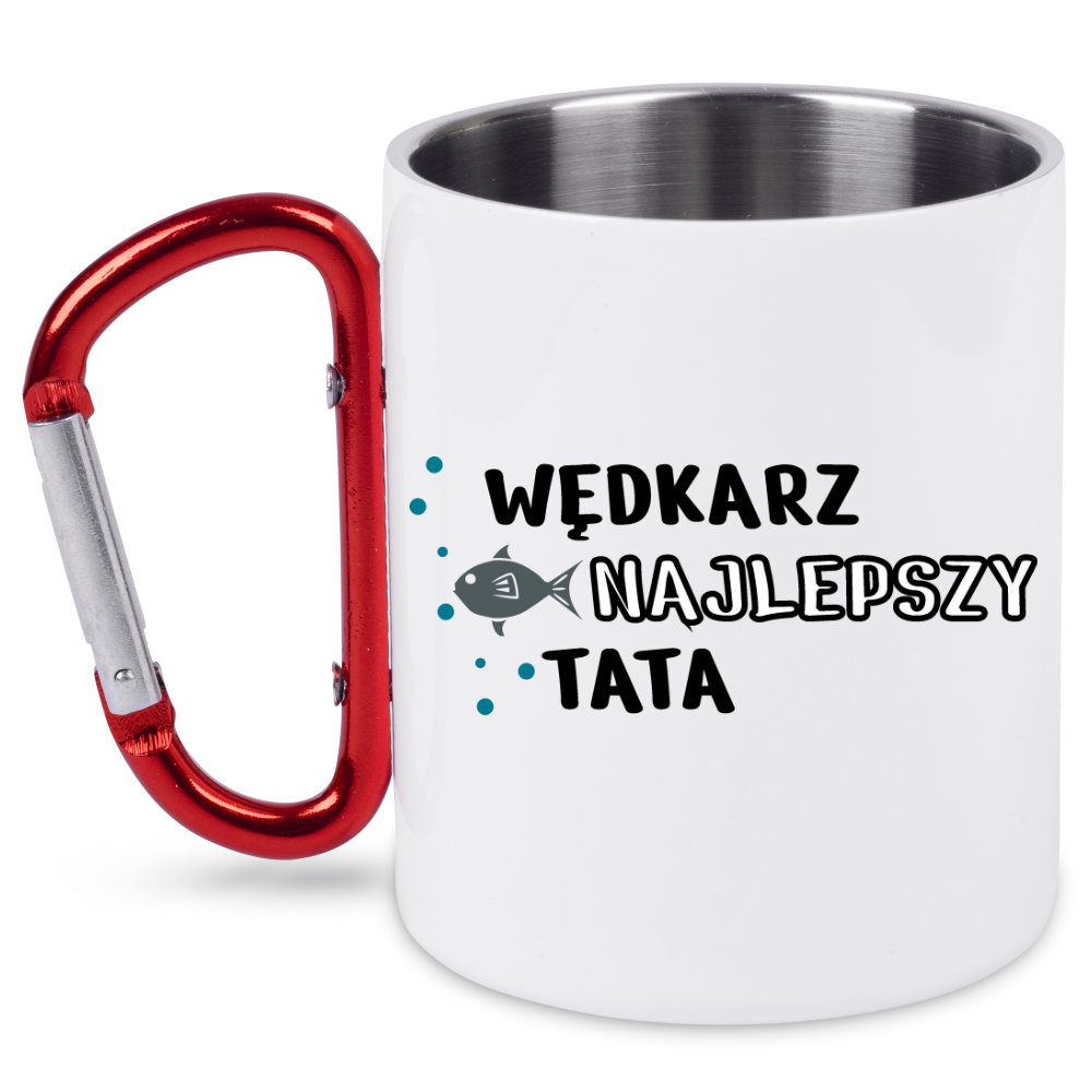 Kubek biały z czerwonym karabińczykiem i nadrukiem "Wędkarz najlepszy tata" – dla taty, dzień ojca, wędkarstwo #10
