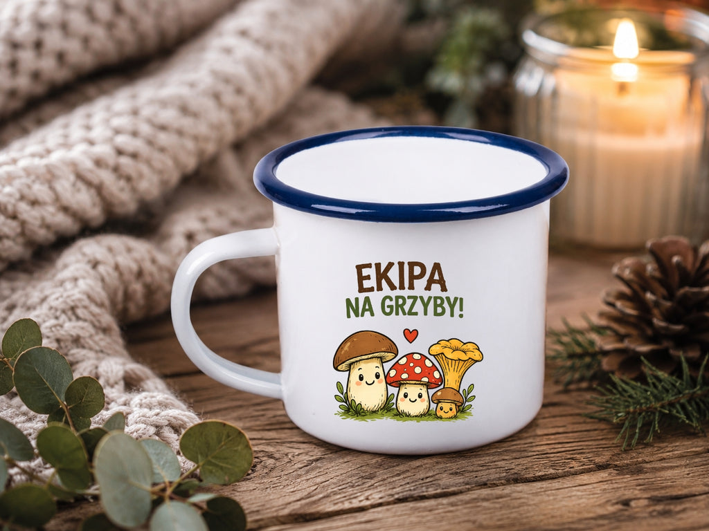 Kubek emaliowany biały z nadrukiem „Ekipa na grzyby!” i grafikami grzybów #11