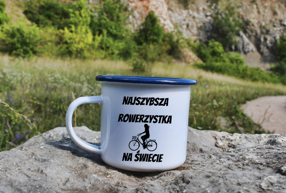 Kubek emaliowany biały z nadrukiem „Najszybsza rowerzystka na świecie” – dla rowerzystki #9