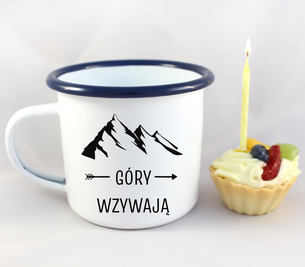 Kubek biały emaliowany z nadrukiem "Góry wzywają" - trekking #5