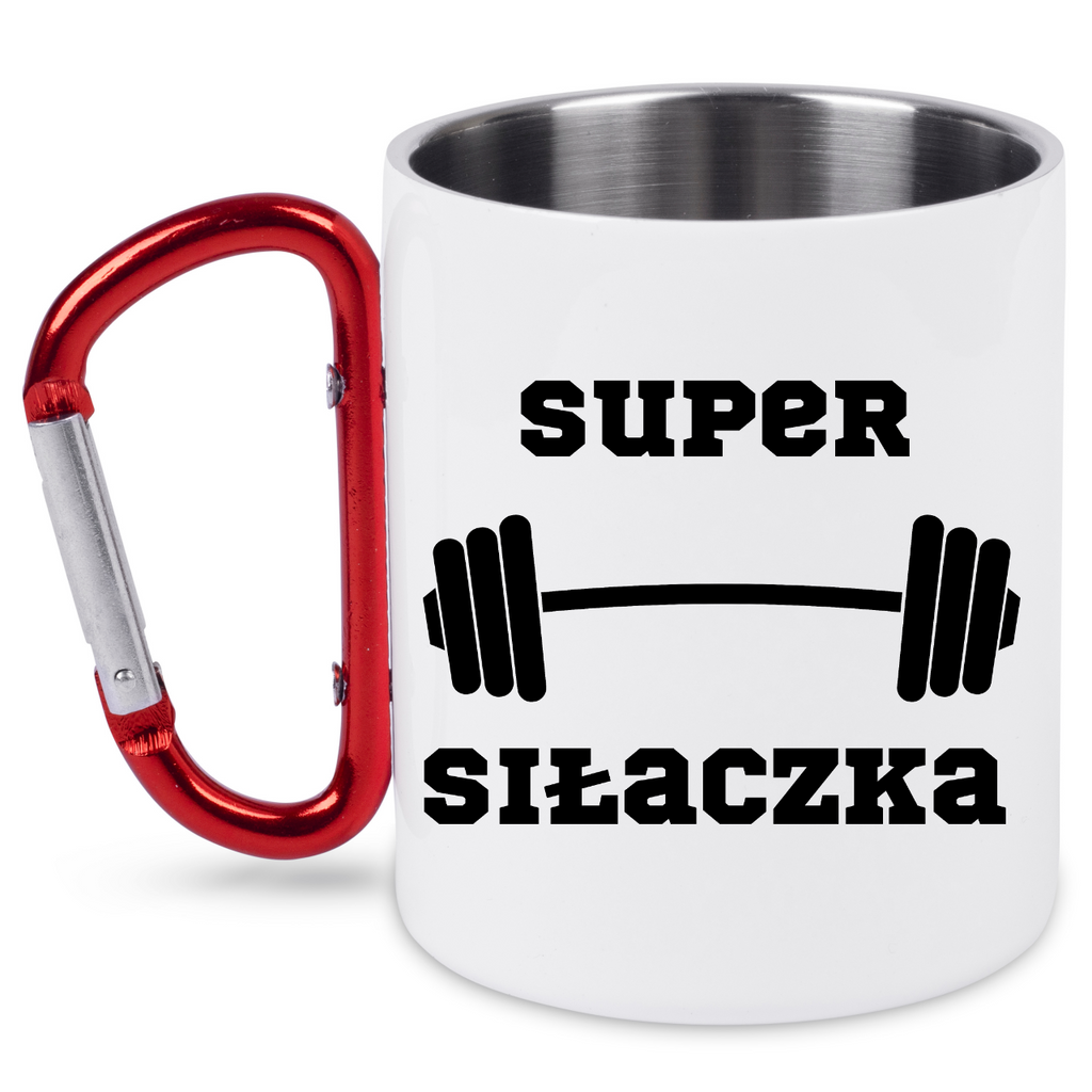 Kubek biały z czerwonym karabińczykiem i nadrukiem „Super Siłaczka” – na siłownię #2