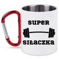 Kubek biały z czerwonym karabińczykiem i nadrukiem „Super Siłaczka” – na siłownię #2