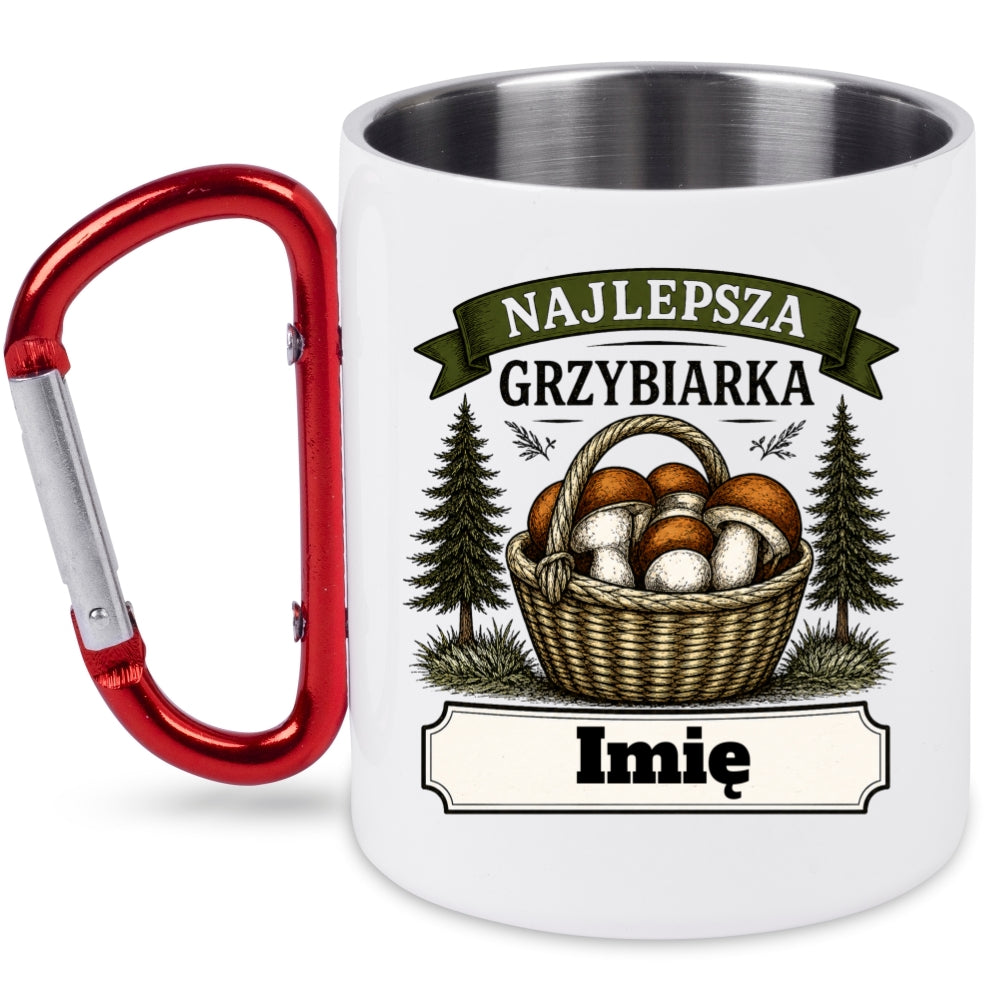 Kubek biały z czerwonym karabińczykiem „Najlepsza Grzybiarka” z imieniem do wyboru – na grzyby #6