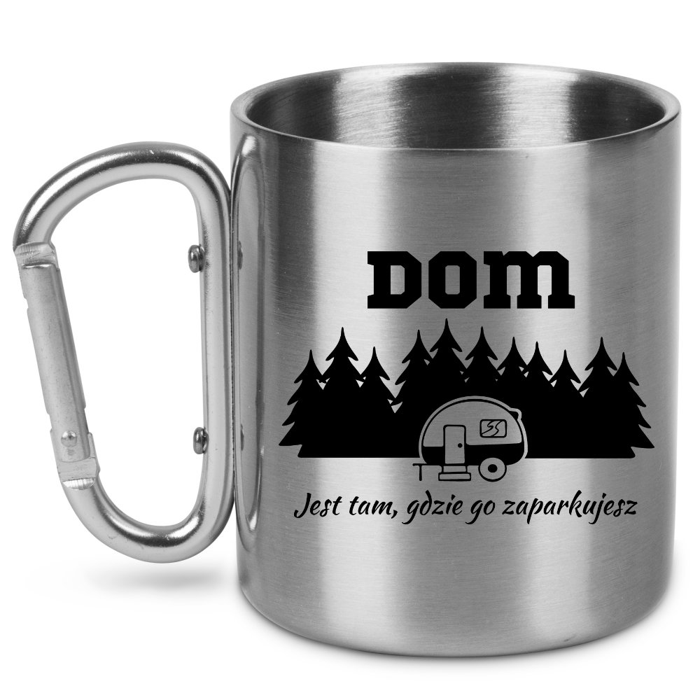 Kubek karabińczyk srebrny z nadrukiem „Dom jest tam, gdzie go zaparkujesz” – camper, namiot #6