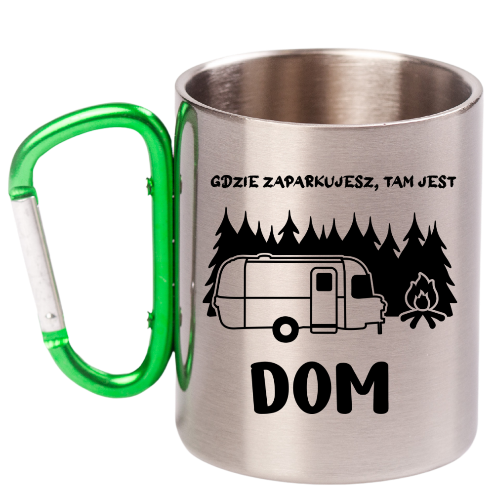 Kubek z zielonym karabińczykiem i nadrukiem "Gdzie zaparkujesz, tam jest dom" - camper, camping #5