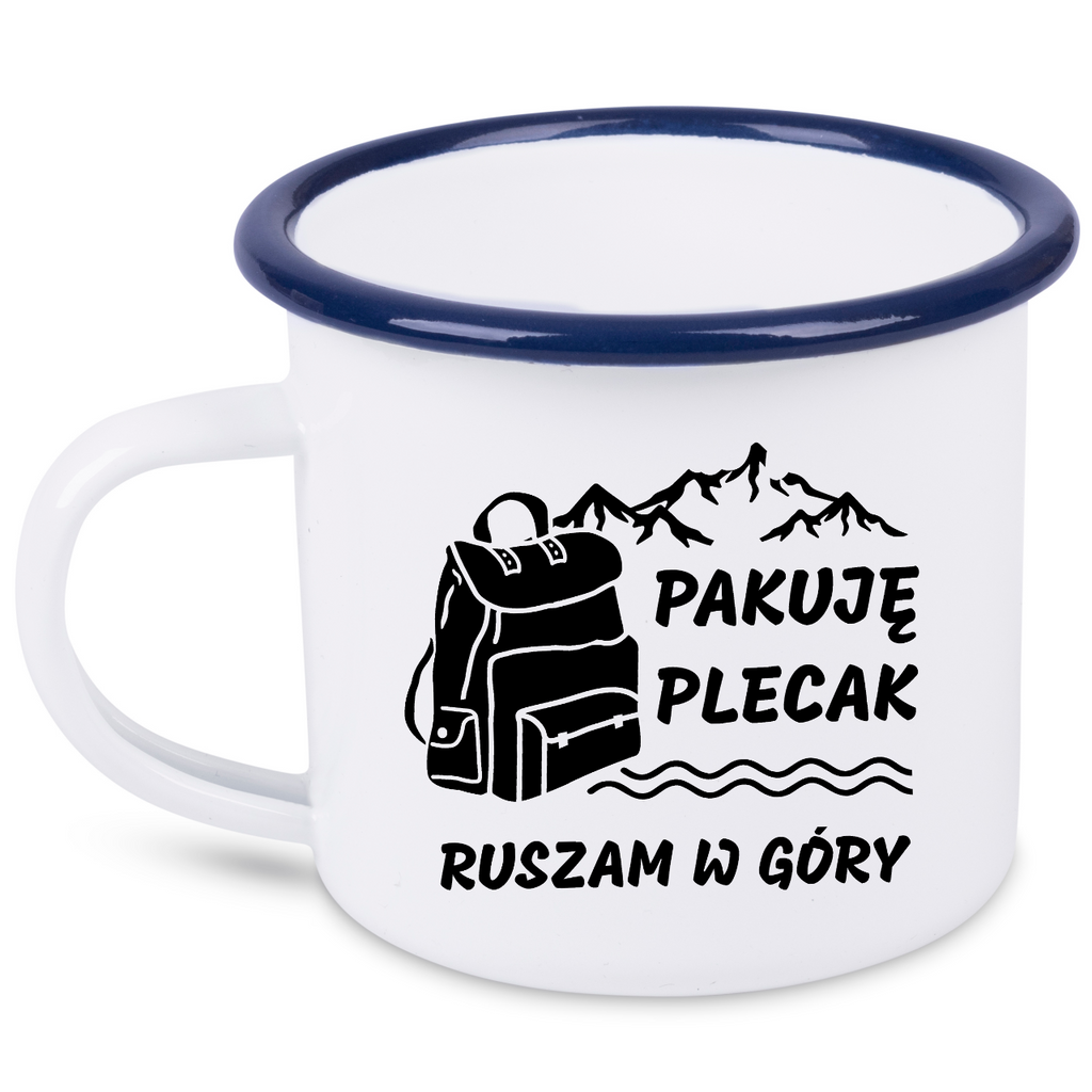 Kubek emaliowany biały z nadrukiem "Pakuję plecak, ruszam w góry#  #2