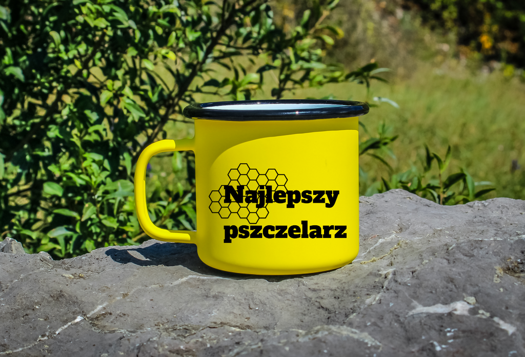 Kubek emaliowany żółty z napisem „Najlepszy Pszczelarz” – pszczelarstwo #4