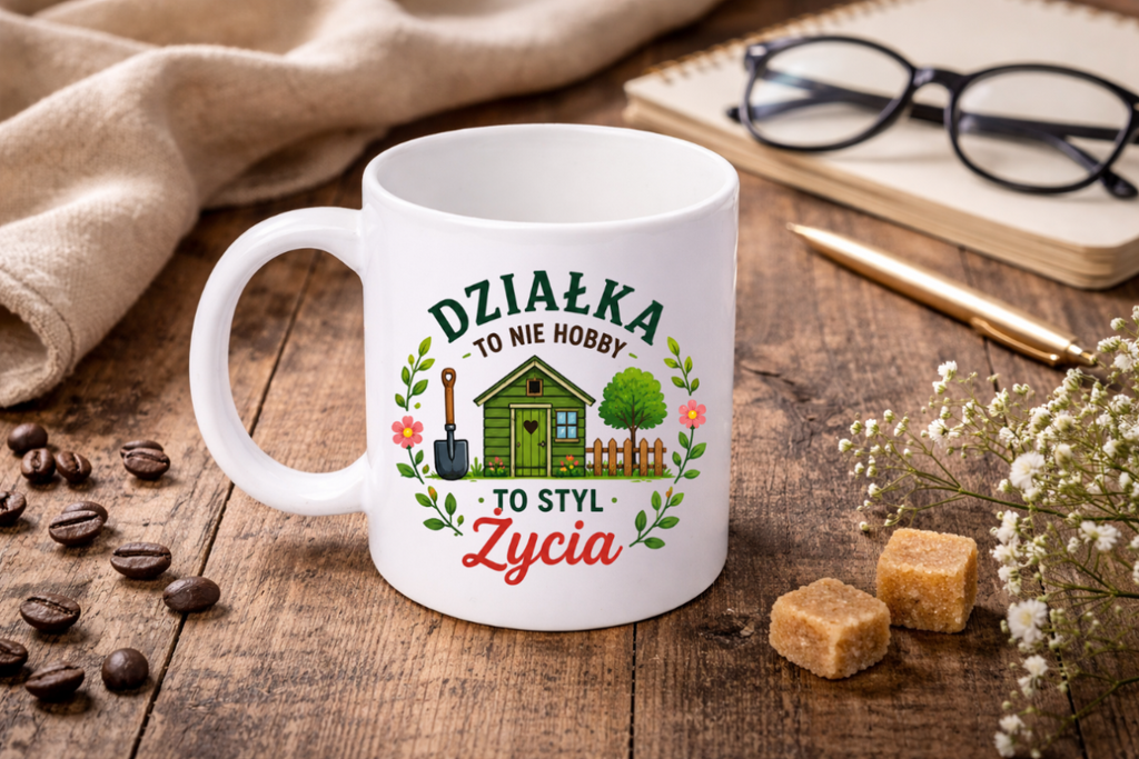 Kubek biały z nadrukiem „Działka to nie hobby, to styl życia” – ogród, działka #2