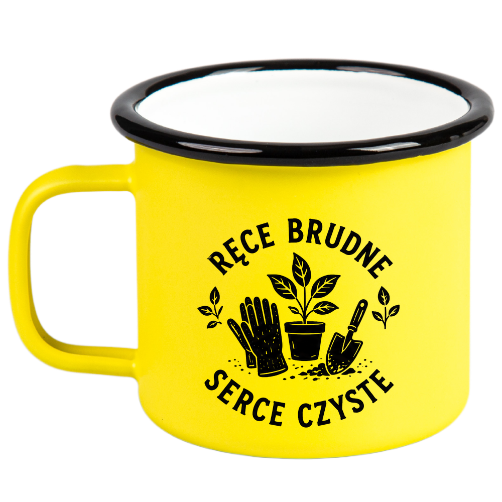 Kubek emaliowany żółty z nadrukiem „Ręce brudne, serce czyste” – działka, ogród #7