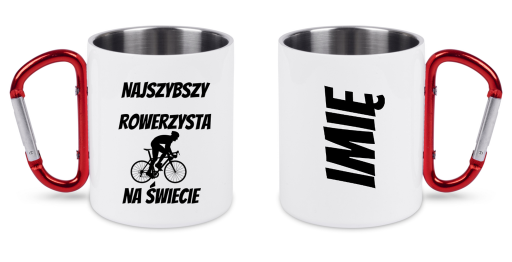 Kubek biały z czerwonym karabińczykiem i nadrukiem „Najszybszy rowerzysta na świecie” – dla rowerzysty #12