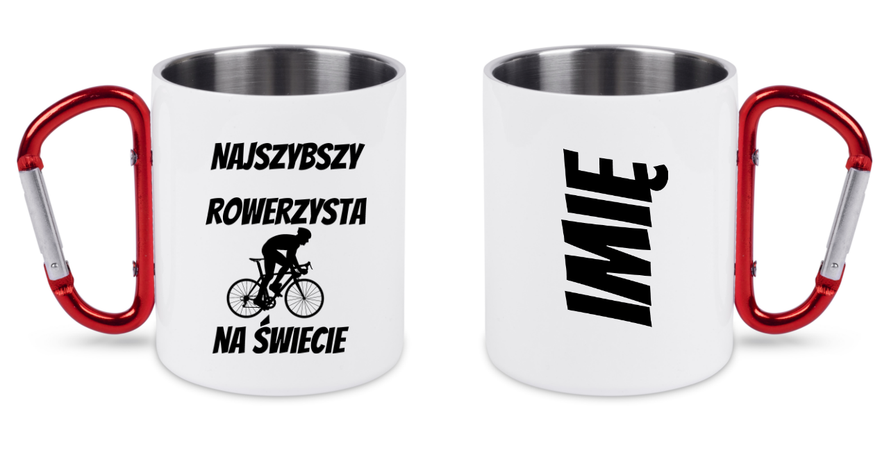 Kubek biały z czerwonym karabińczykiem i nadrukiem „Najszybszy rowerzysta na świecie” – dla rowerzysty #12
