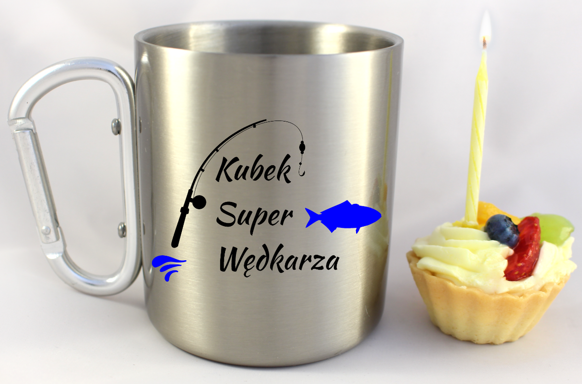 Kubek ze srebrnym karabińczykiem i nadrukiem "Kubek Super Wędkarza" #1