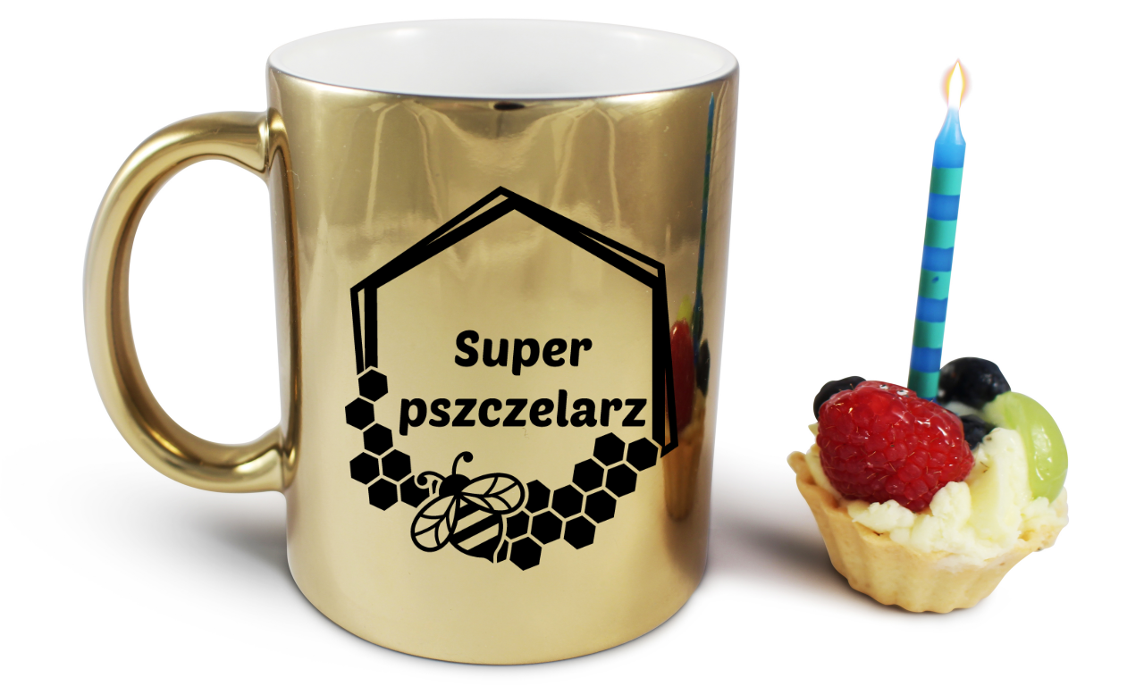 Kubek złoty z nadrukiem „Super pszczelarz” – pszczelarstwo #9