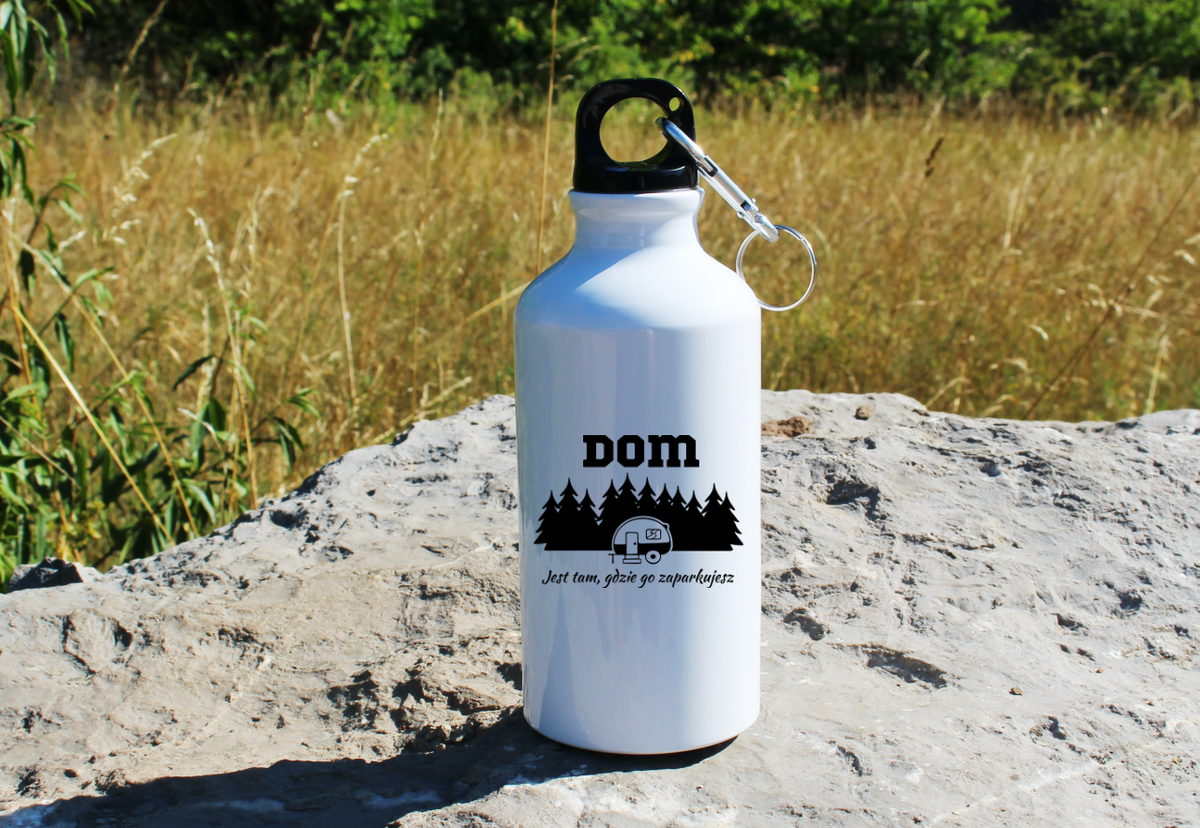 Butelka biała 400 ml z nadrukiem „Dom jest tam, gdzie go zaparkujesz” – podróż, wyprawa #6