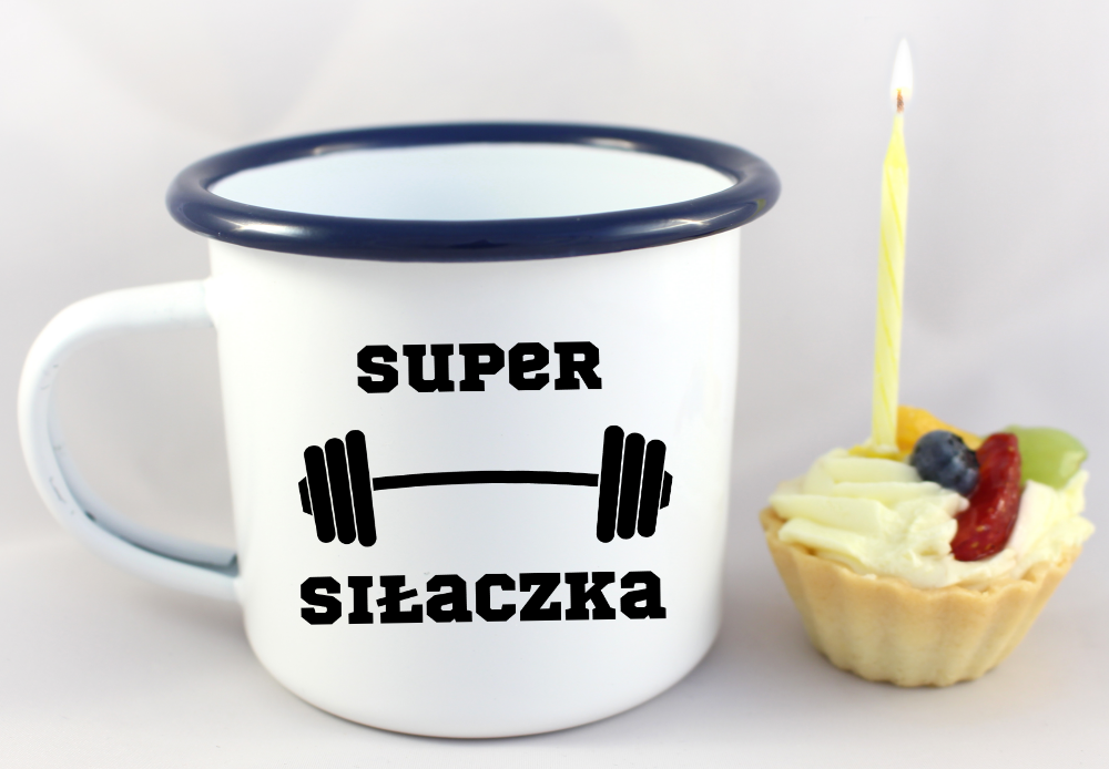 Kubek emaliowany biały z nadrukiem „Super Siłaczka” – siłownia #2