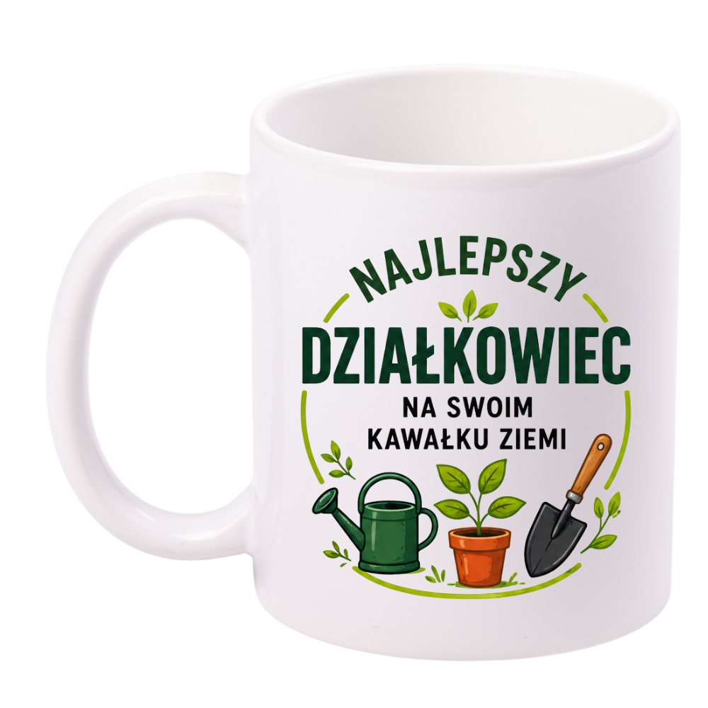Kubek biały z nadrukiem „Najlepszy działkowiec na swoim kawałku ziemi” – ogród, działka #4