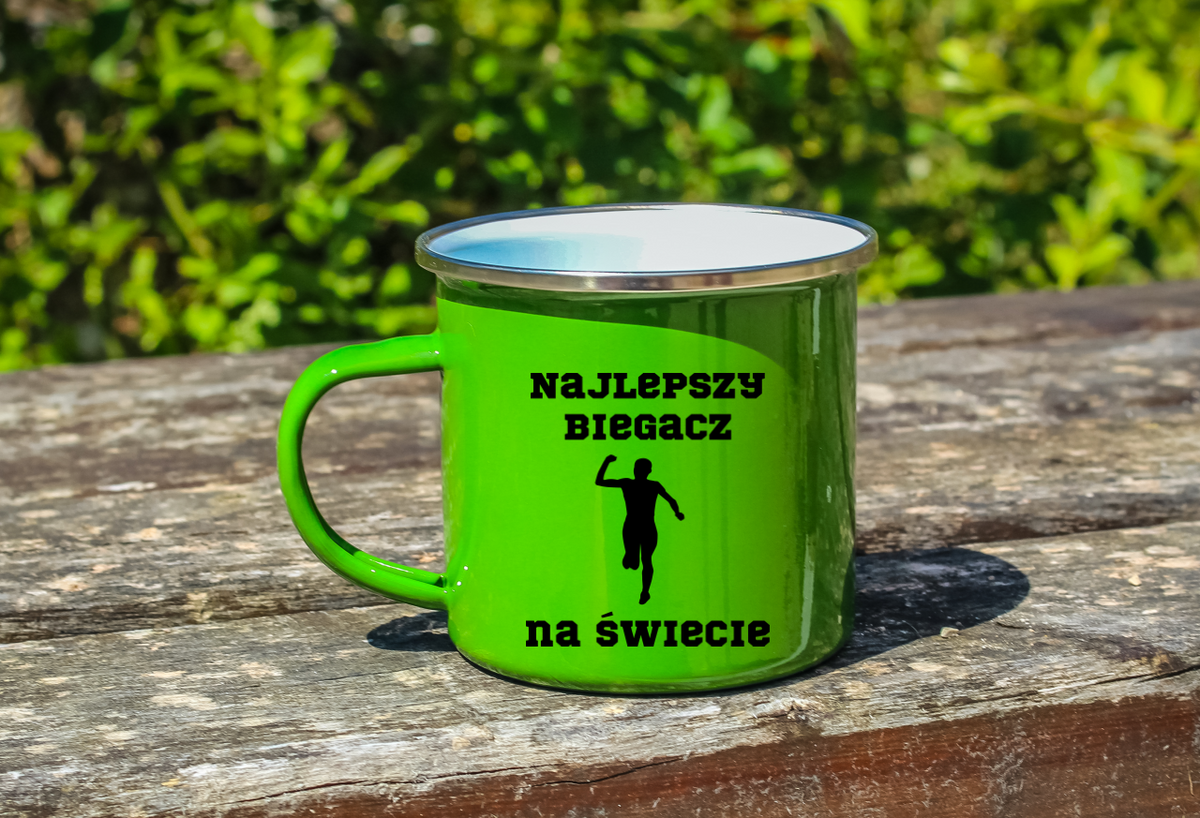 Kubek emaliowany zielony z nadrukiem "Najlepszy biegacz na świecie" - bieganie #1