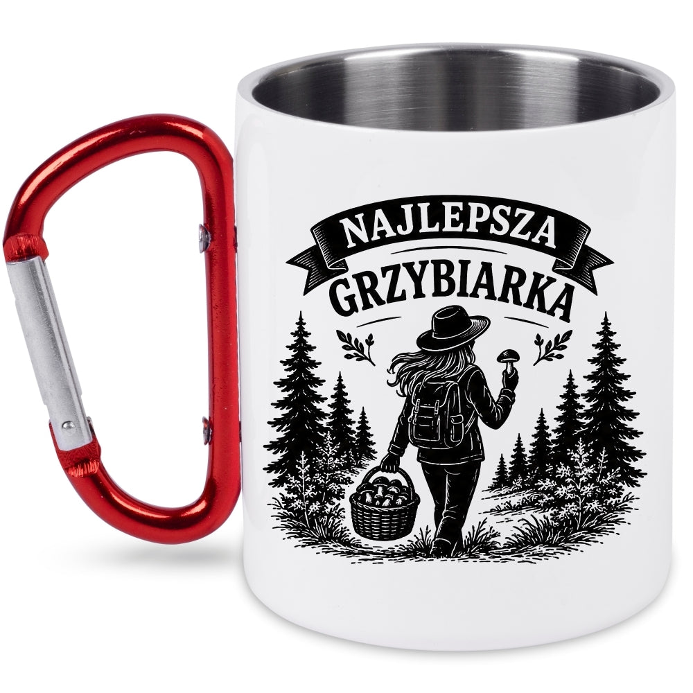 Kubek biały z czerwonym karabińczykiem „Najlepsza Grzybiarka” – na grzyby #3