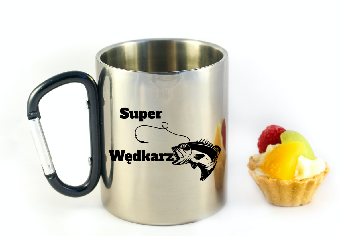 Kubek metalowy 300 ml z czarnym karabińczykiem i nadrukiem "Super Wędkarz" #5