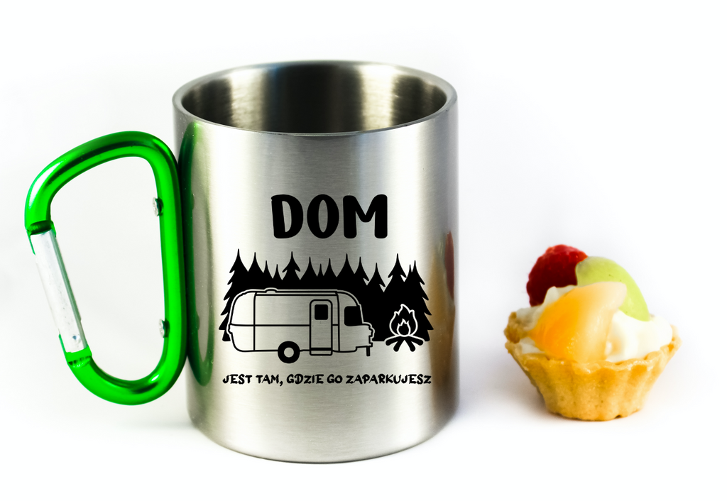 Kubek z zielonym karabińczykiem i nadrukiem "Dom jest tam, gdzie go zaparkujesz" - camper, camping #6