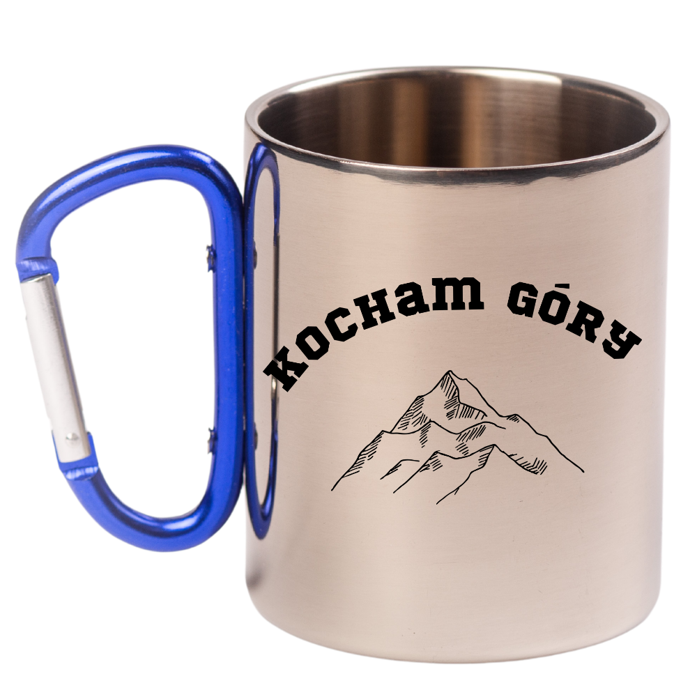 Kubek z niebieskim karabińczykiem i nadrukiem "Kocham góry" – góry #8