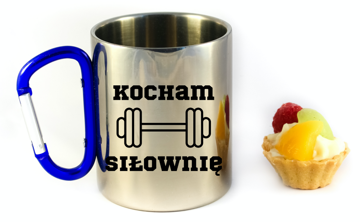 Kubek z niebieskim karabińczykiem i nadrukiem "Kocham Siłownię" #1