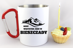 Kubek biały z czerwonym karabińczykiem, nadruk „Rzuć wszystko, jedź w Bieszczady” #5