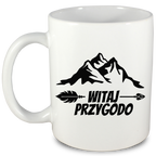 Kubek biały z nadrukiem „Witaj przygodo” – camping, treking #11