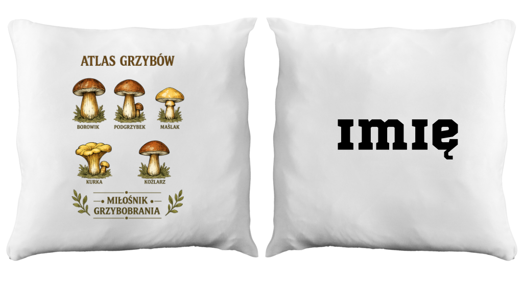 Poduszka prezent dla grzybiarzy z nadrukowaną grafiką "Atlas Grzybów" - grzyby #7