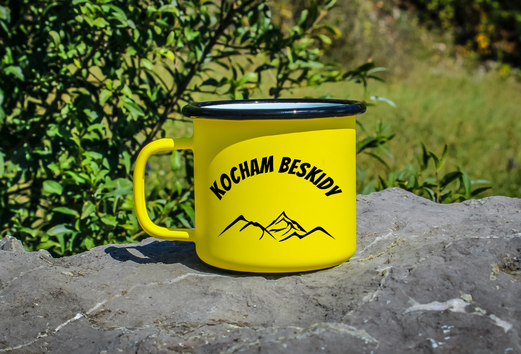 Kubek emaliowany żółty z nadrukiem "Kocham Beskidy" - góry #1
