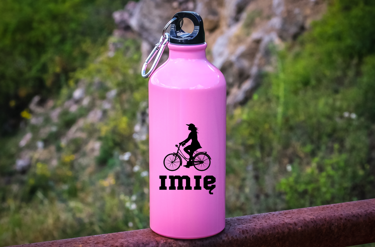 Butelka różowa 600 ml z grafiką roweru oraz imieniem do wyboru - dla rowerzystki #6