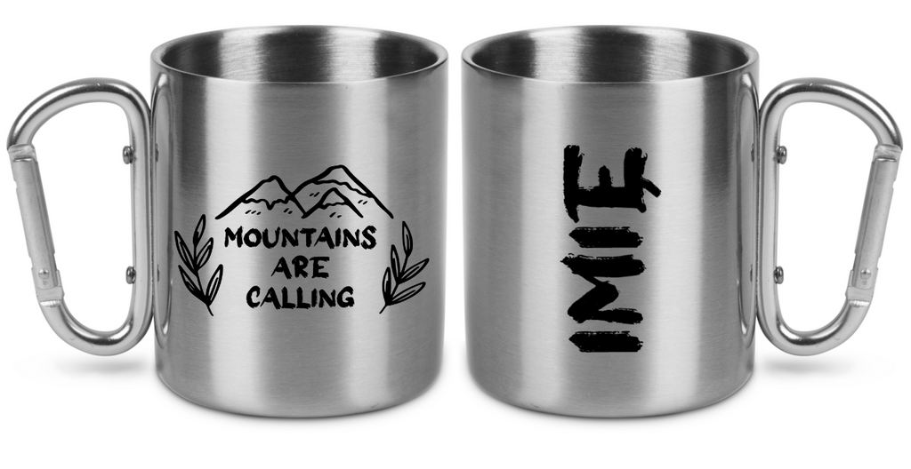 Kubek ze srebrnym karabińczykiem z nadrukiem „Mountains are calling” – góry #8